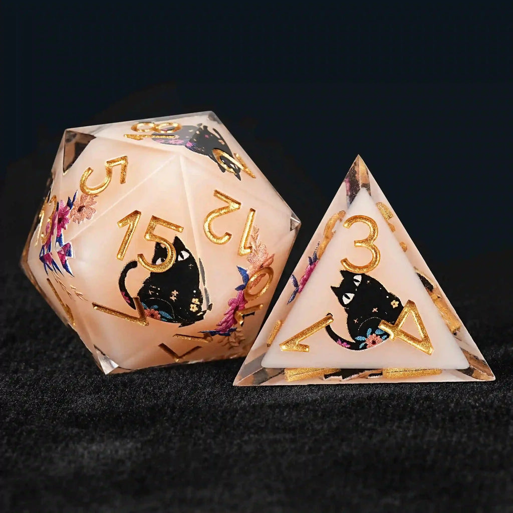 Handmade unique dice sets: Egyptian Pharaoh's black cat flower resin edge sharp dnd dice + gold font