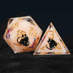 Handmade unique dice sets: Egyptian Pharaoh's black cat flower resin edge sharp dnd dice + gold font