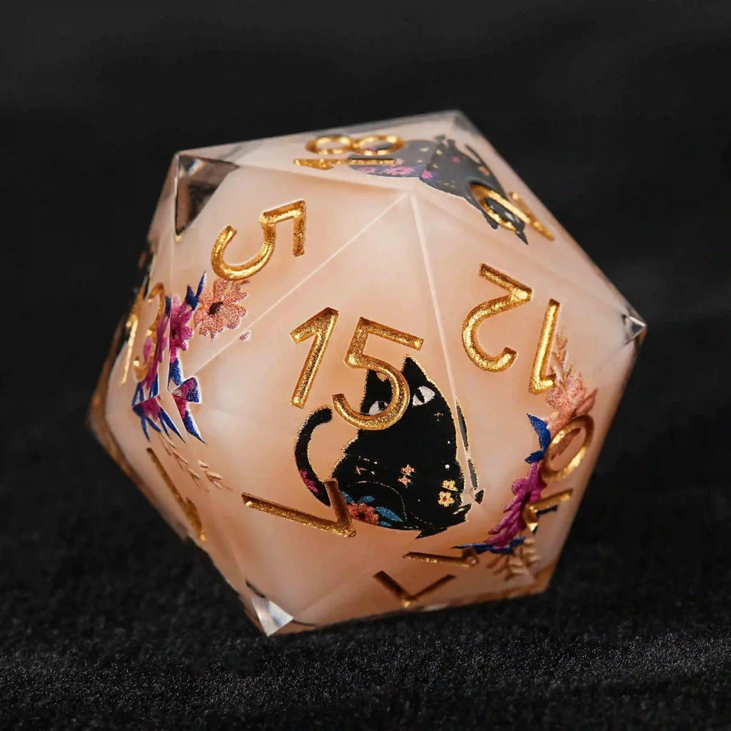 Handmade unique dice sets: Egyptian Pharaoh's black cat flower resin edge sharp dnd dice + gold font