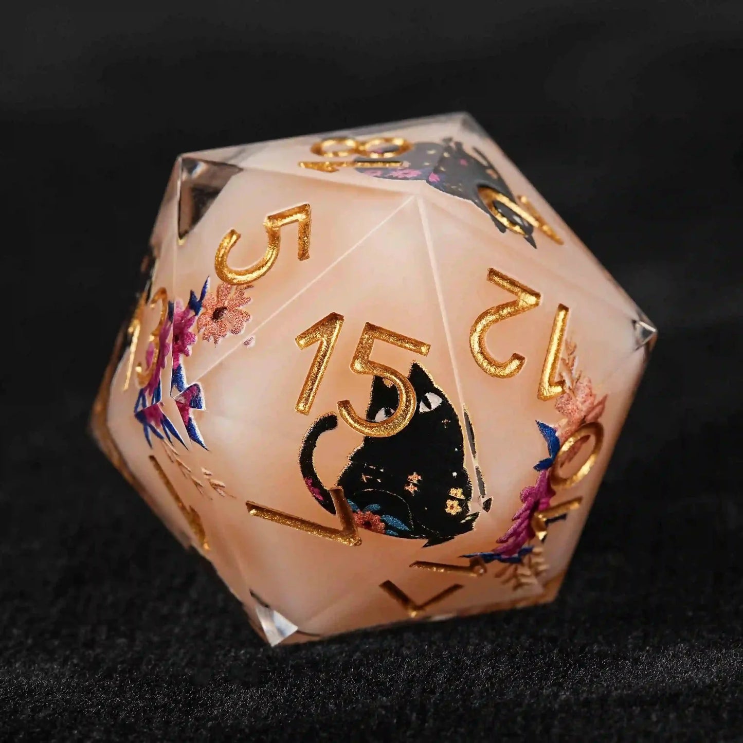 Handmade unique dice sets: Egyptian Pharaoh's black cat flower resin edge sharp dnd dice + gold font