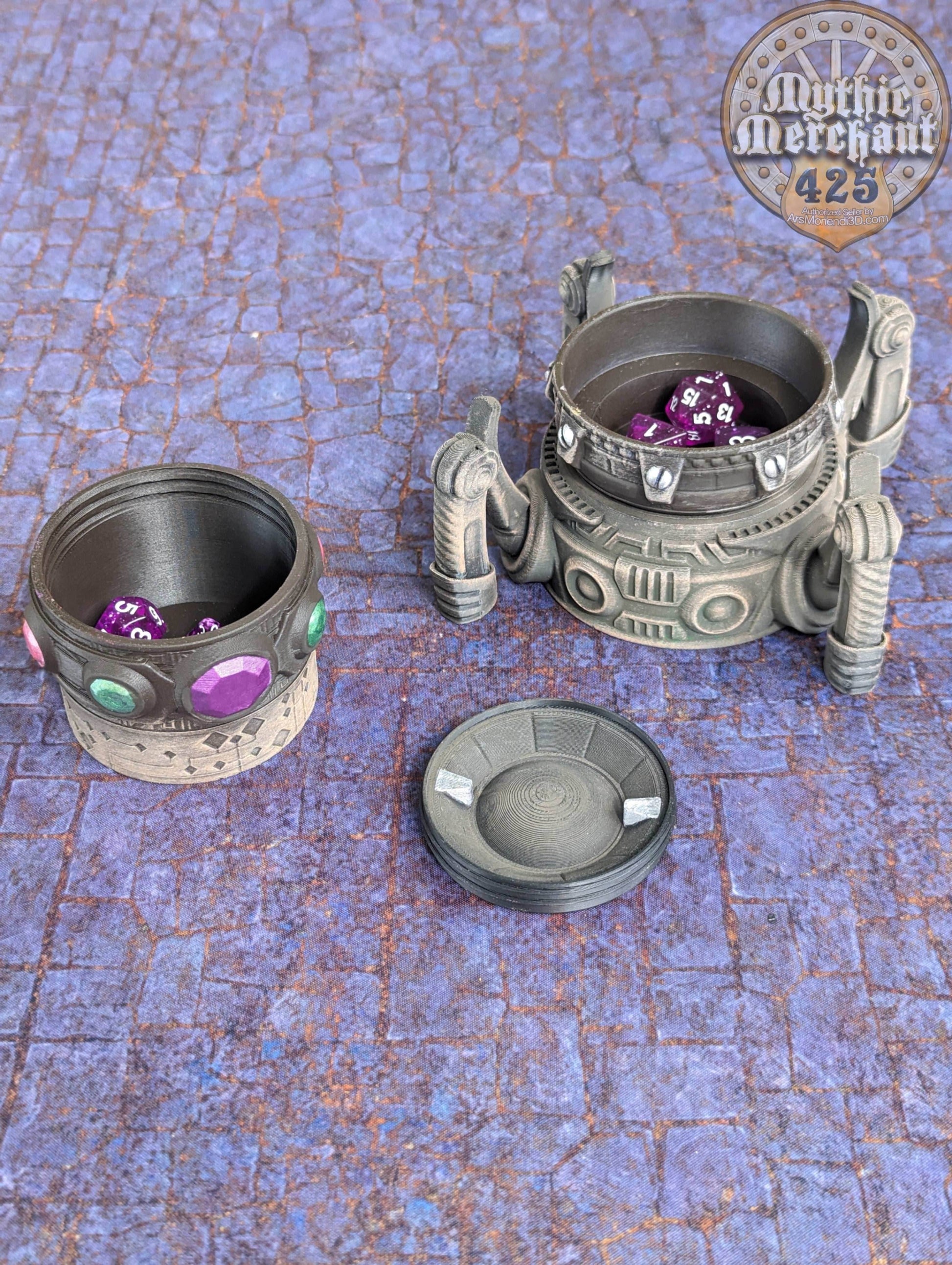 Artificer Class 3D Printed RPG Dice Jail | Dice Vault | D20 Dice Box | Steampunk Cosplay | Mythic Mugs- Rolling with Ingenious Style! - Black / Yes- Include Random Dice Set