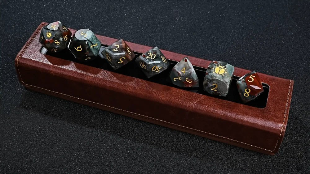 Kickstarter Dice - Natural Bloodstone DND Gemstone Dice Set - Khepri's Blessing