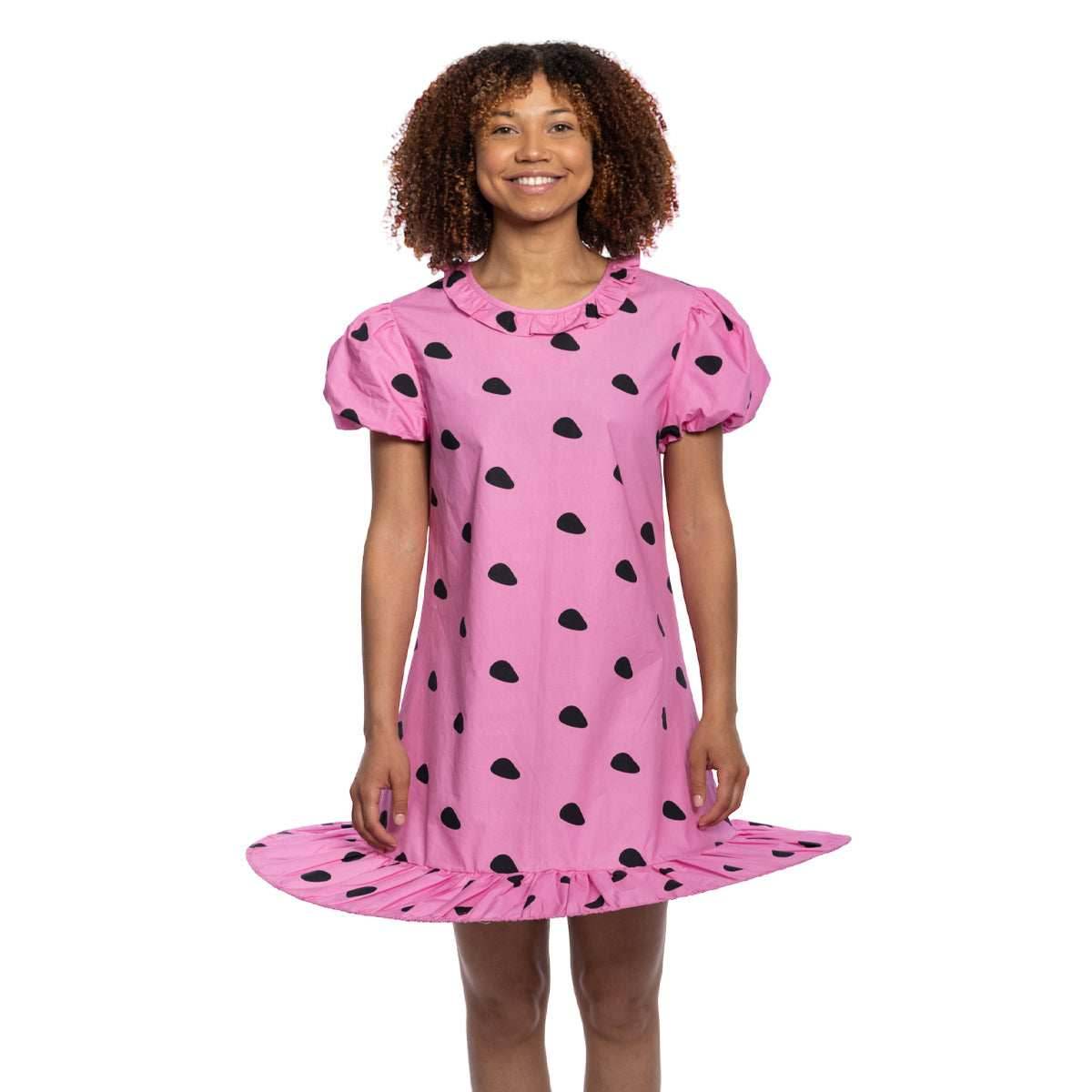 Peanuts Sally Comic Strip Halloween Costume: Pink Polka Dot Mini Dress with Puff Sleeves for Fun Cosplay - S