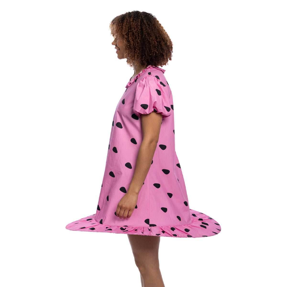 Peanuts Sally Comic Strip Halloween Costume: Pink Polka Dot Mini Dress with Puff Sleeves for Fun Cosplay - S
