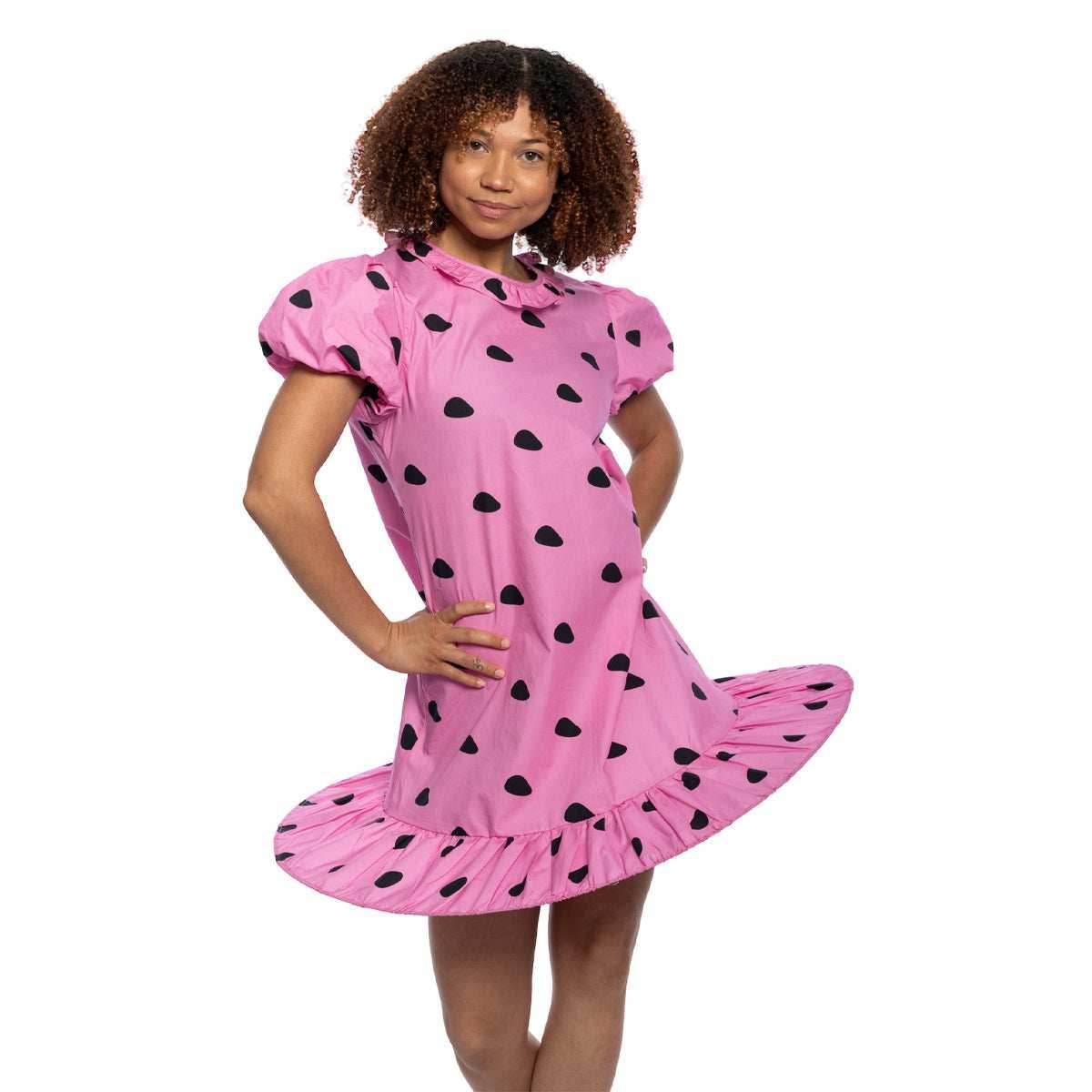 Peanuts Sally Comic Strip Halloween Costume: Pink Polka Dot Mini Dress with Puff Sleeves for Fun Cosplay - S
