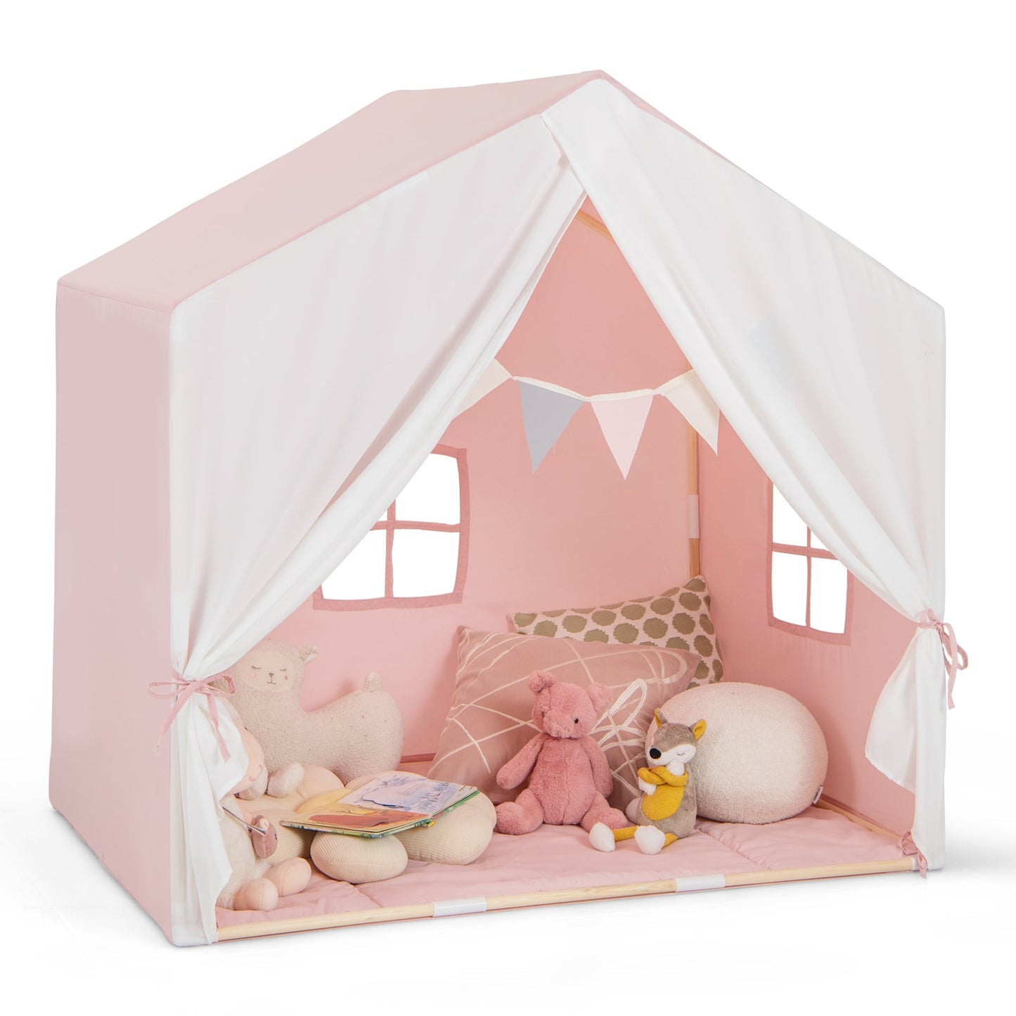 Kid's Play Tent with Washable Cotton Mat and Flag Banner-Pink