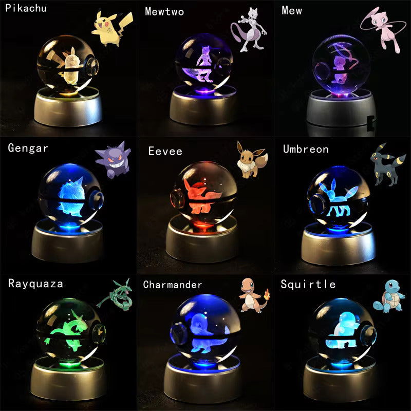 Pokemon 3D Crystal Pokeball with LED Light Base, Kids Anime Toy Gifts 2 in