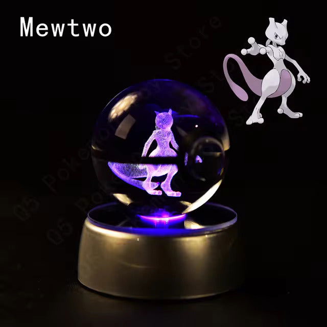 Pokemon 3D Crystal Pokeball with LED Light Base, Kids Anime Toy Gifts 2 in