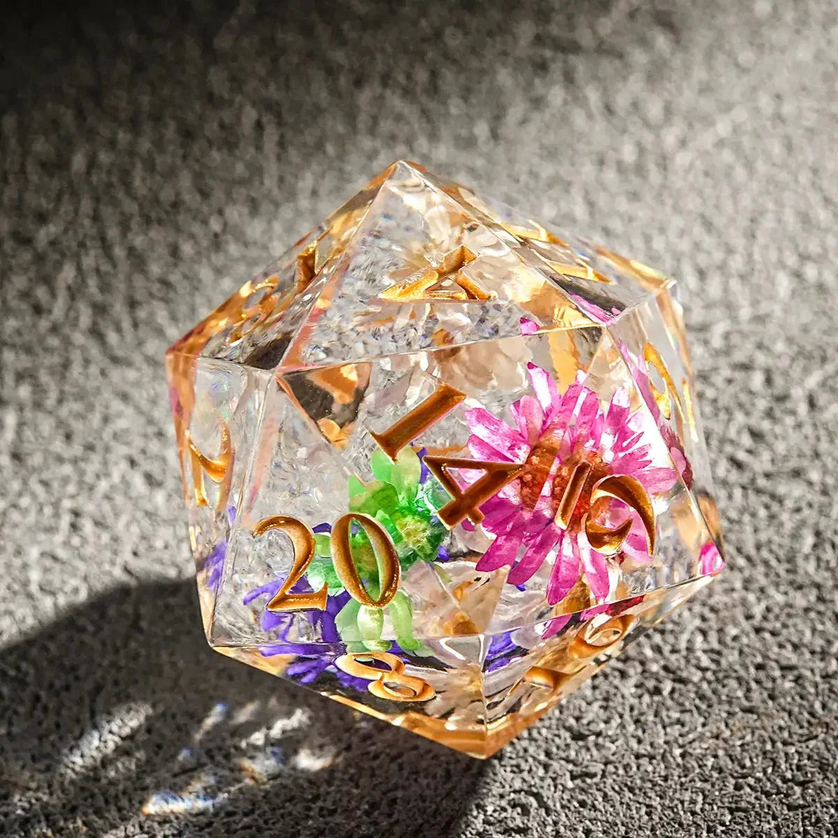 Transparent Resin Polyhedron DND Color Dried Flower Dice set + Gold Font