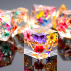 Transparent Resin Polyhedron DND Color Dried Flower Dice set + Gold Font