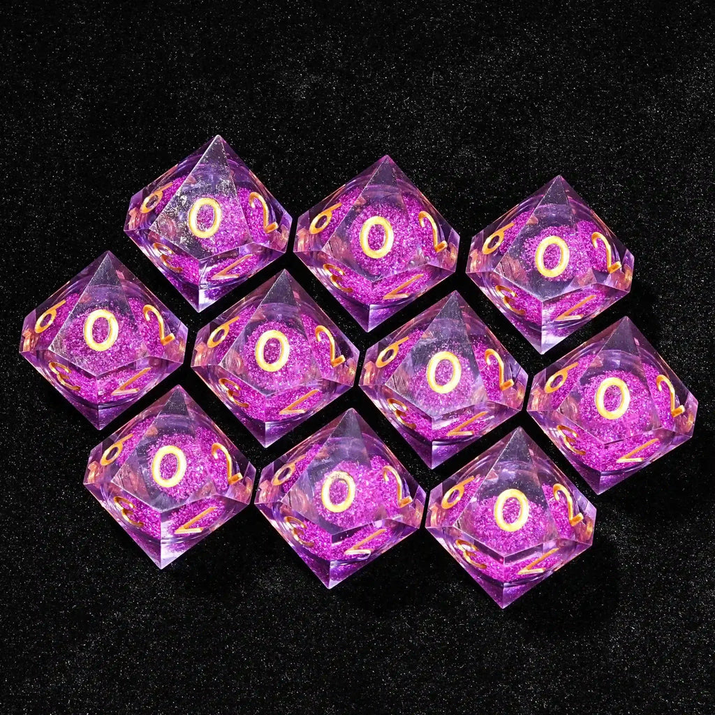 Purple Quicksand Liquid Core Resin 10-Sided Dice (D10 Dice) with Gold Numbers