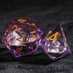 DND Clear Purple Resin Round Liquid Core Cat Dice Set with Gold Numbers