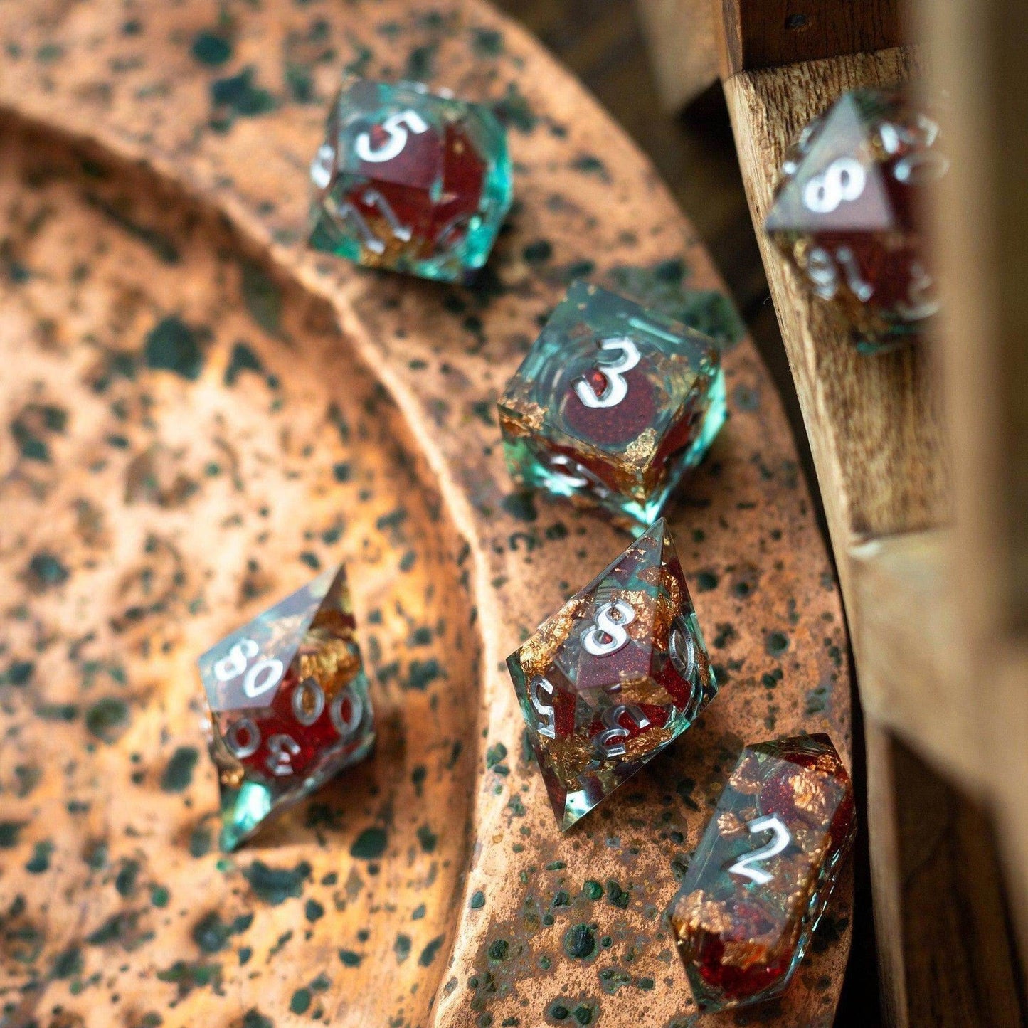 Red And Gold Glitter Liquid Core Handmade Resin DND Dice Set - 1 D20 (Not Full Set)