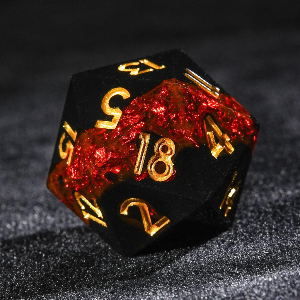 Red Flame River of Stars - Black Resin DND Dice Set + Gold Font