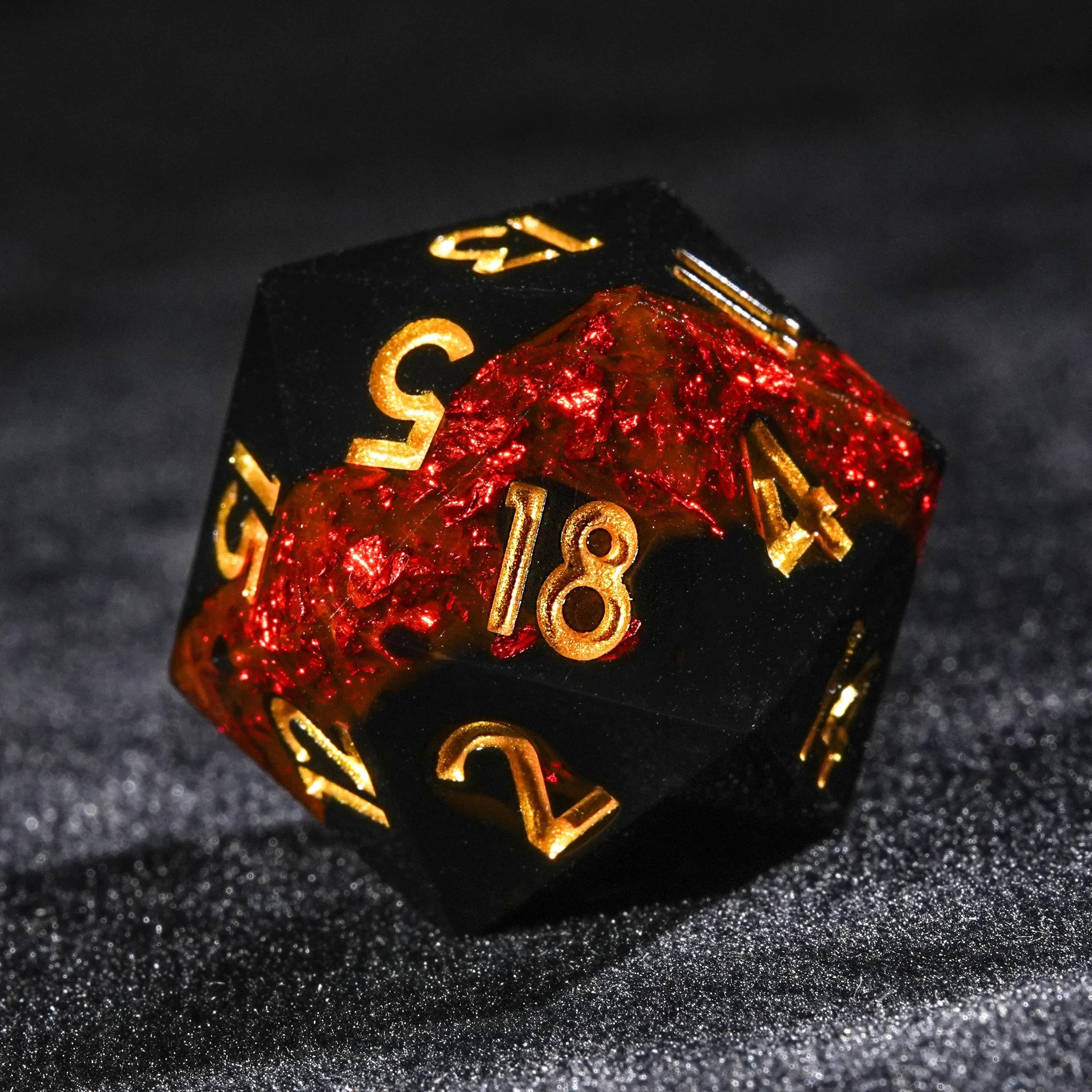 Red Flame River of Stars - Black Resin DND Dice Set + Gold Font