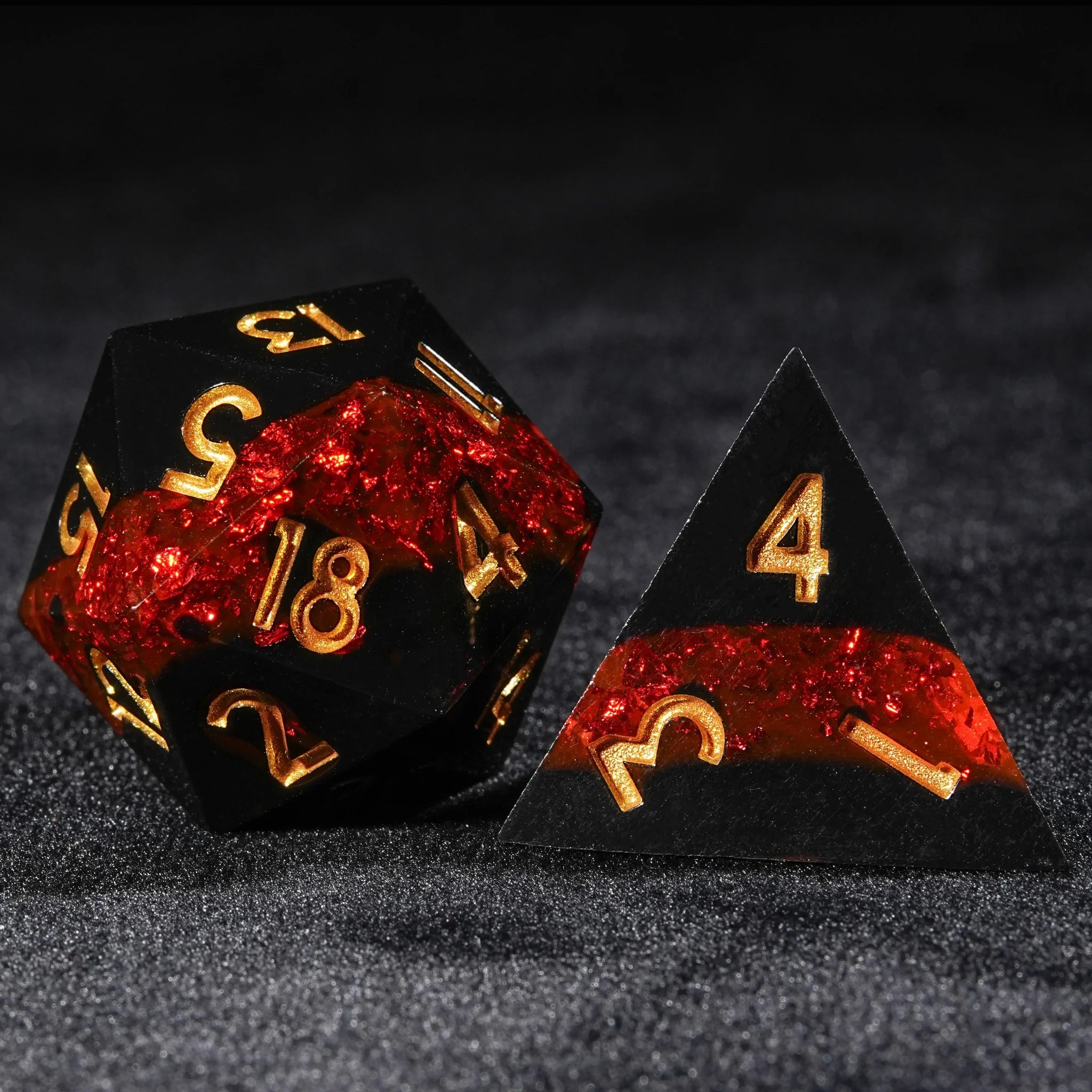 Red Flame River of Stars - Black Resin DND Dice Set + Gold Font