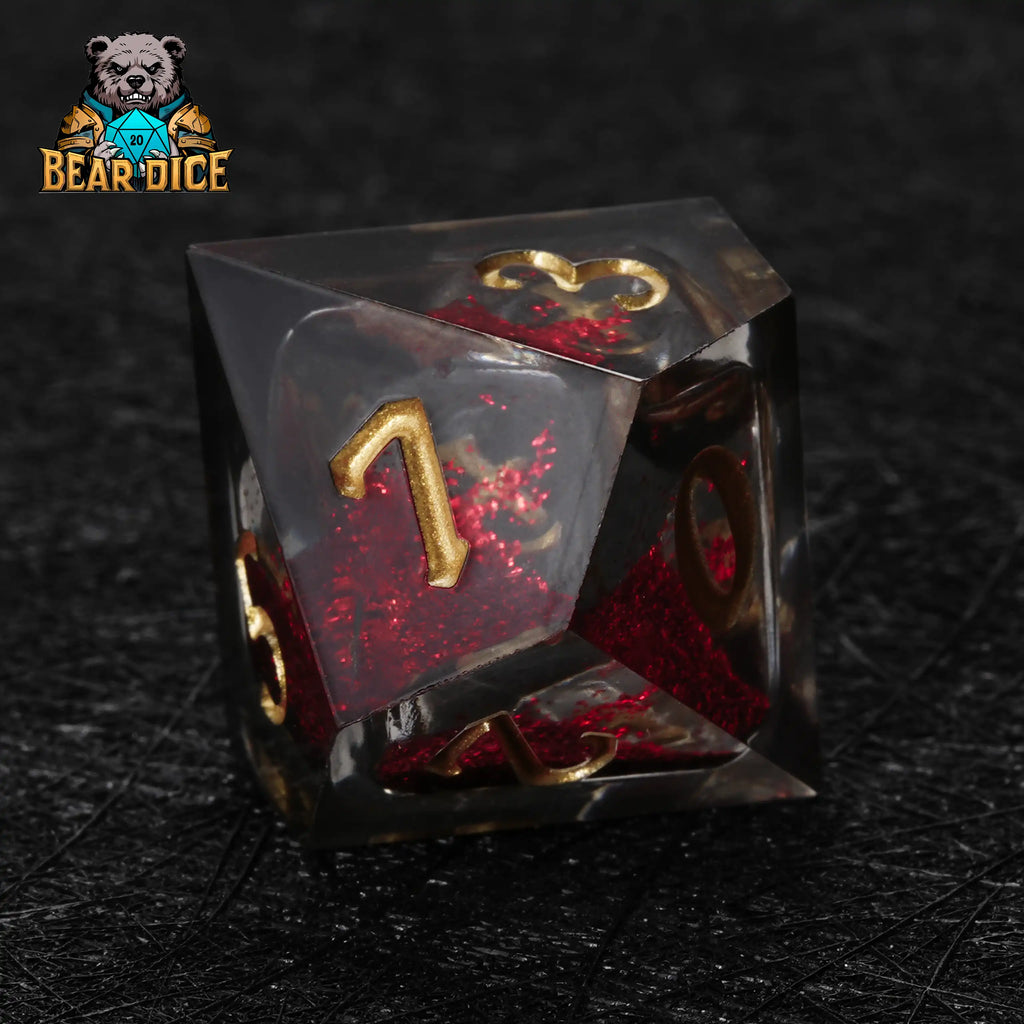 Red Liquid Core Resin D10 Dice Set + Gold Numerals (D10 Dice)