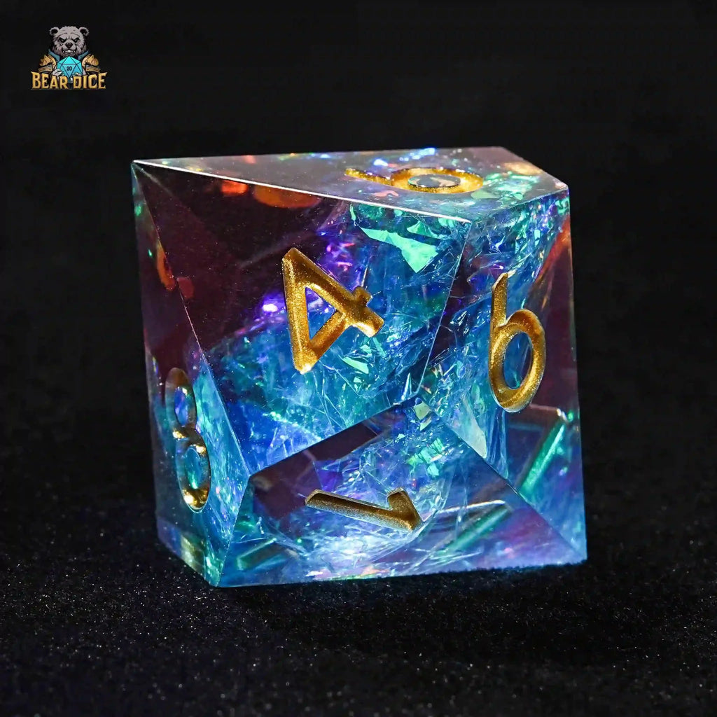 D10 Fantasy Translucent Sequin Red and Blue Resin D&D 10-Sided Dice - Gold Numbers