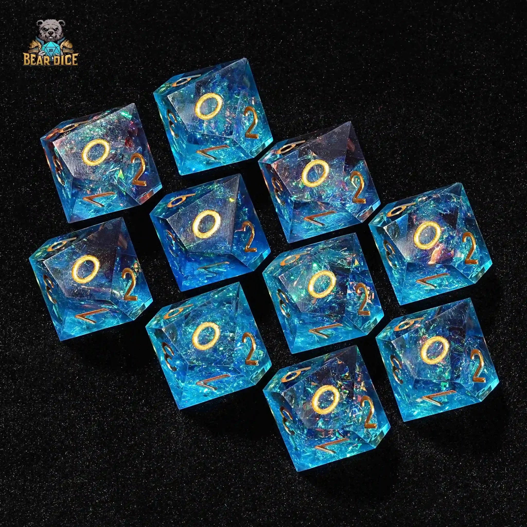 D10 Fantasy Translucent Sequin Red and Blue Resin D&D 10-Sided Dice - Gold Numbers