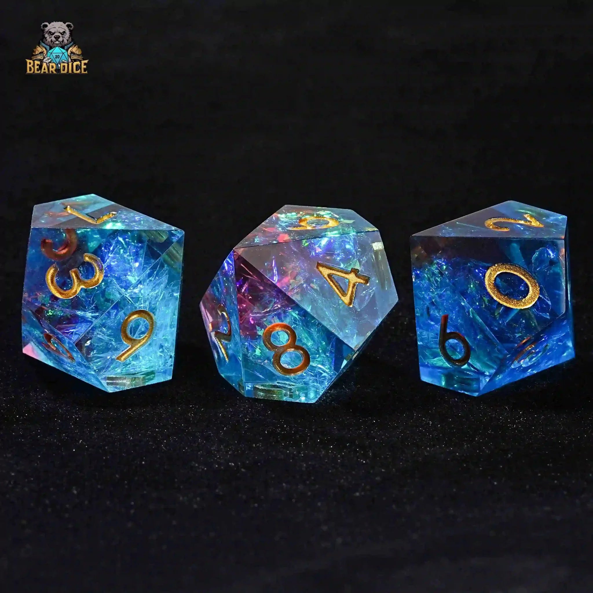 D10 Fantasy Translucent Sequin Red and Blue Resin D&D 10-Sided Dice - Gold Numbers
