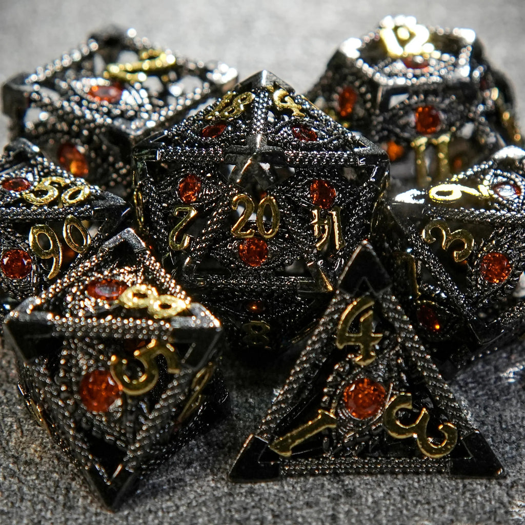 Devil's Eye Ruby Metal Hollow DND Dice Set with Gold Numbers