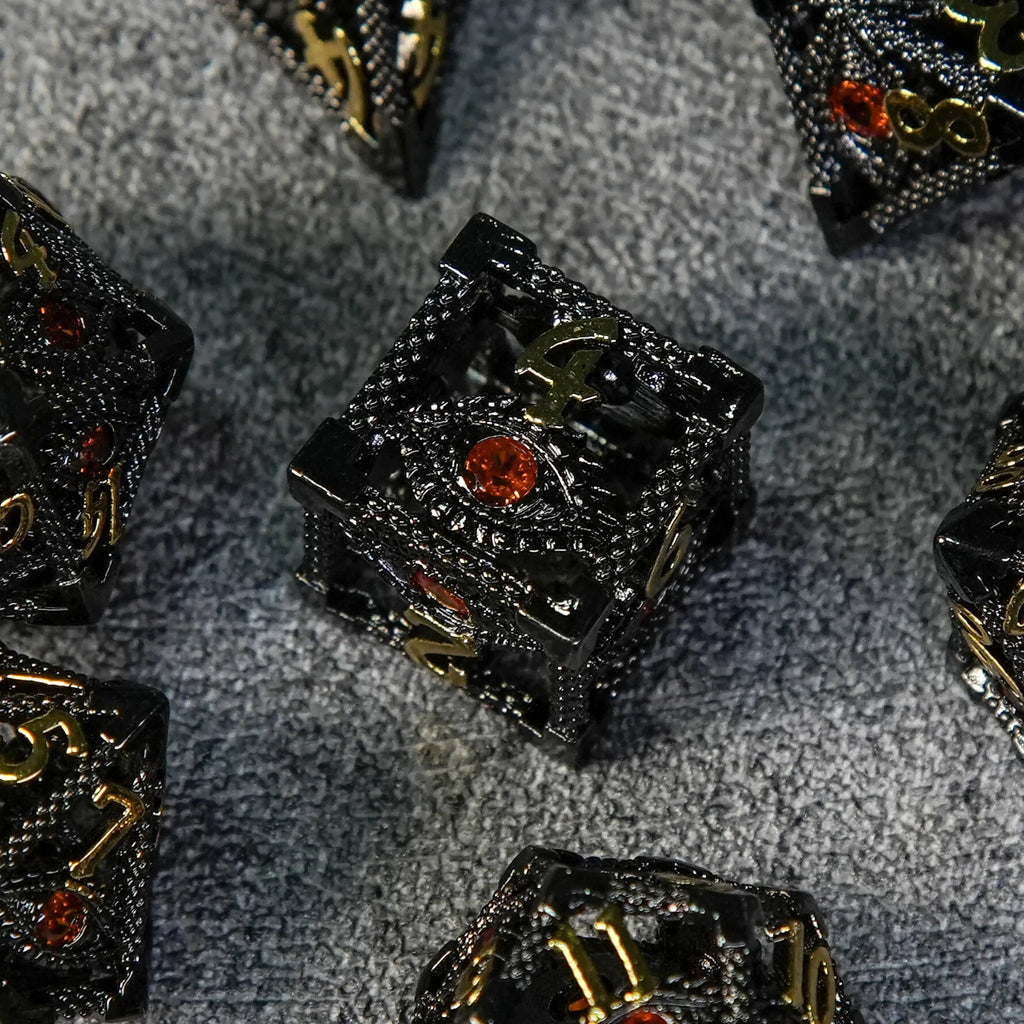 Devil's Eye Ruby Metal Hollow DND Dice Set with Gold Numbers