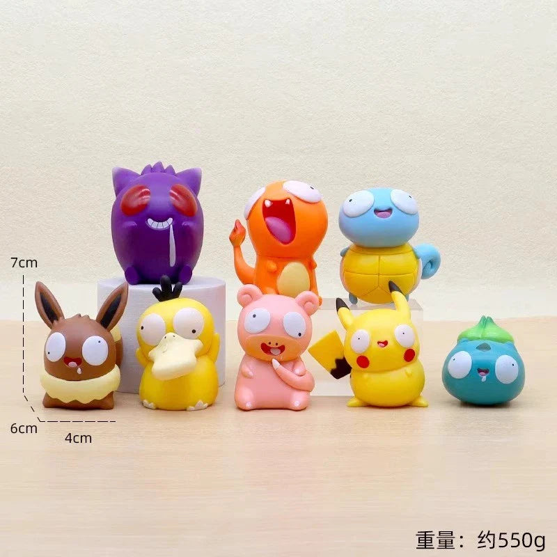 8 PCS Silly Pokemon Mini Figurine Set, Pikachu Bulbasaur Charmander Squirtle Cute PVC Action Figures