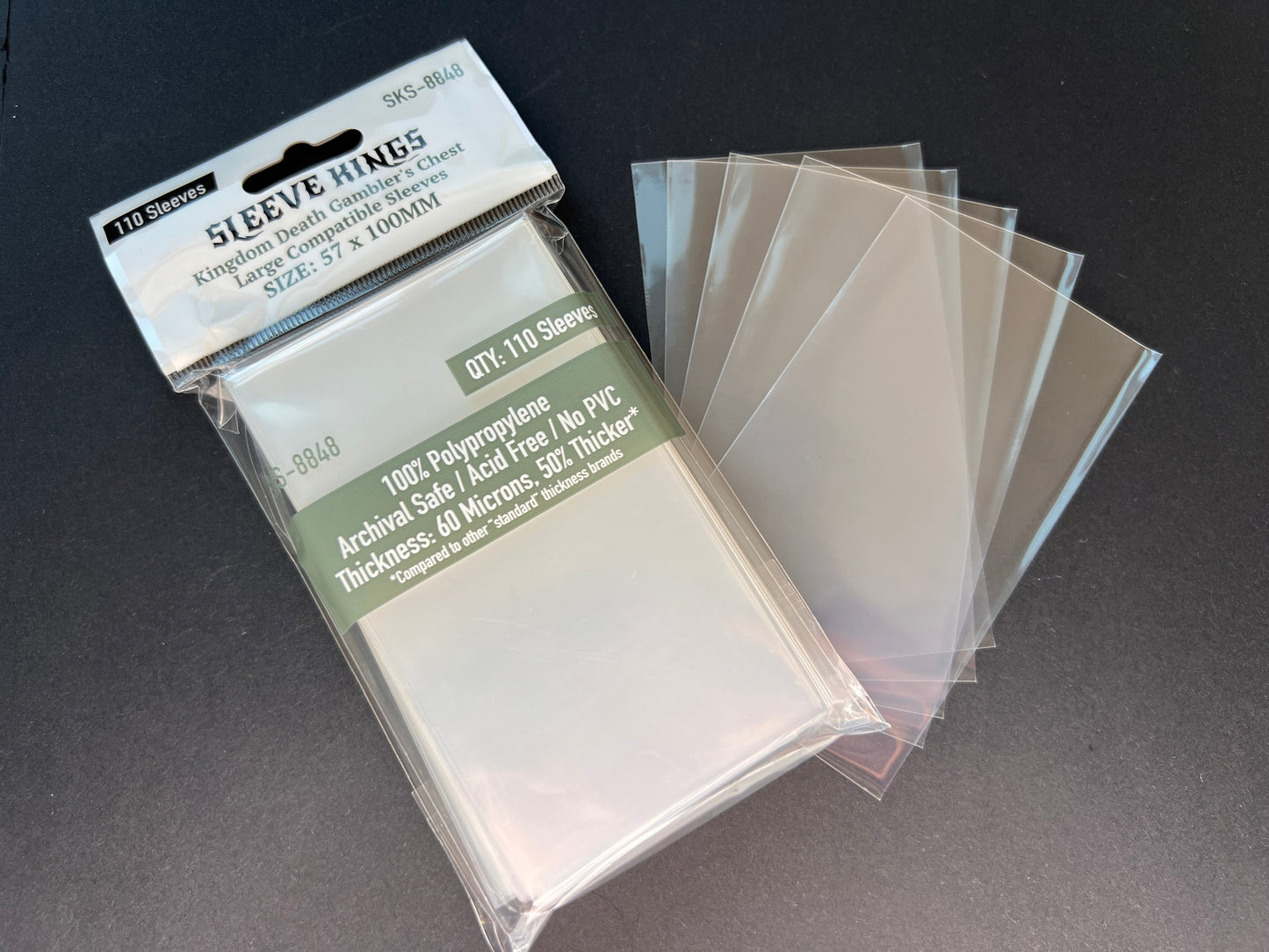 "Kingdom Death Gambler's Chest" Compatible Large Sleeves (57x100mm) 110 Pack, 60 Micron, SKS-8848