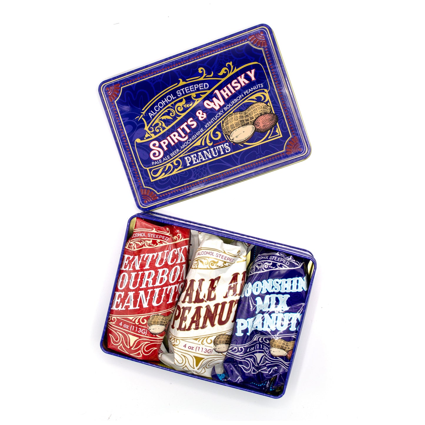 Spirits & Whisky Peanuts Men's Gift Tin – 3 Gourmet Flavors | Moonshine, Pale Ale & Bourbon Peanuts