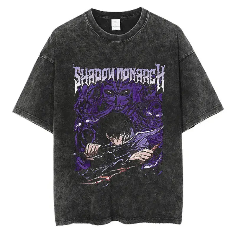 Solo Leveling Vintage T-shirt: Harajuku Washed Anime Tee