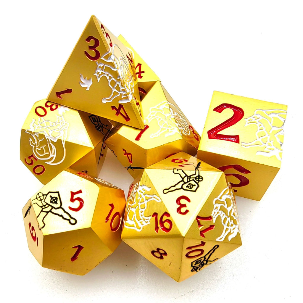 Silver Dragon and Black Warrior Gold Metal DND Dice Set + Red Numbers