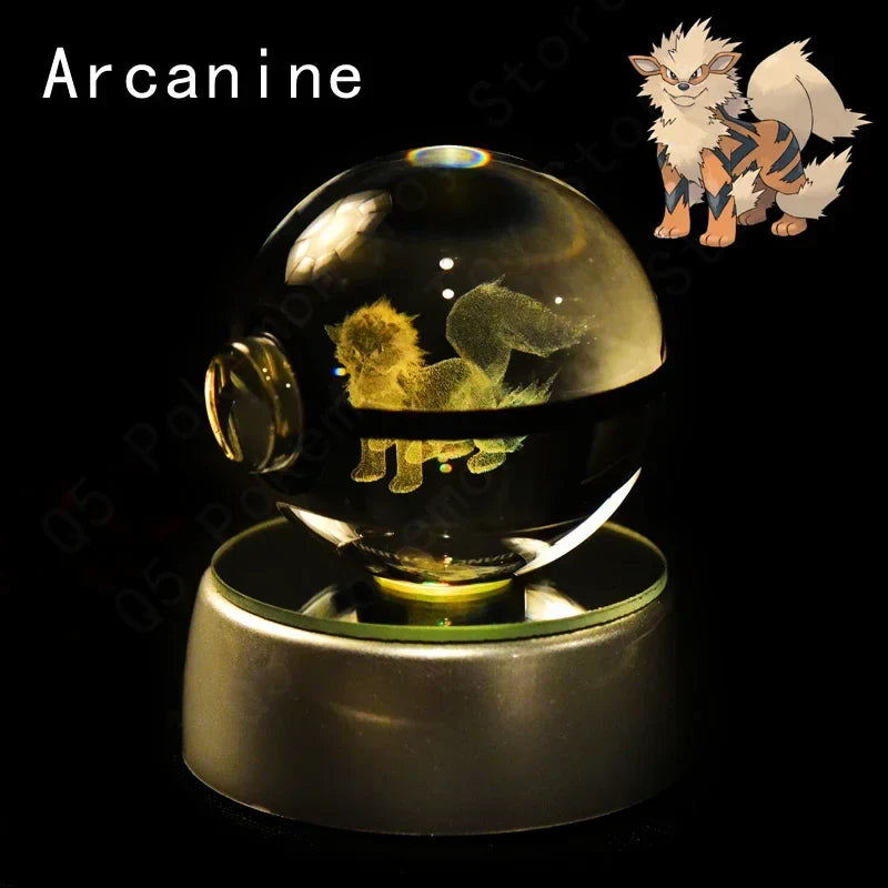 Pokemon 3D Crystal Ball Pokeballs with LED Light Base, Kids Anime Toy Gifts