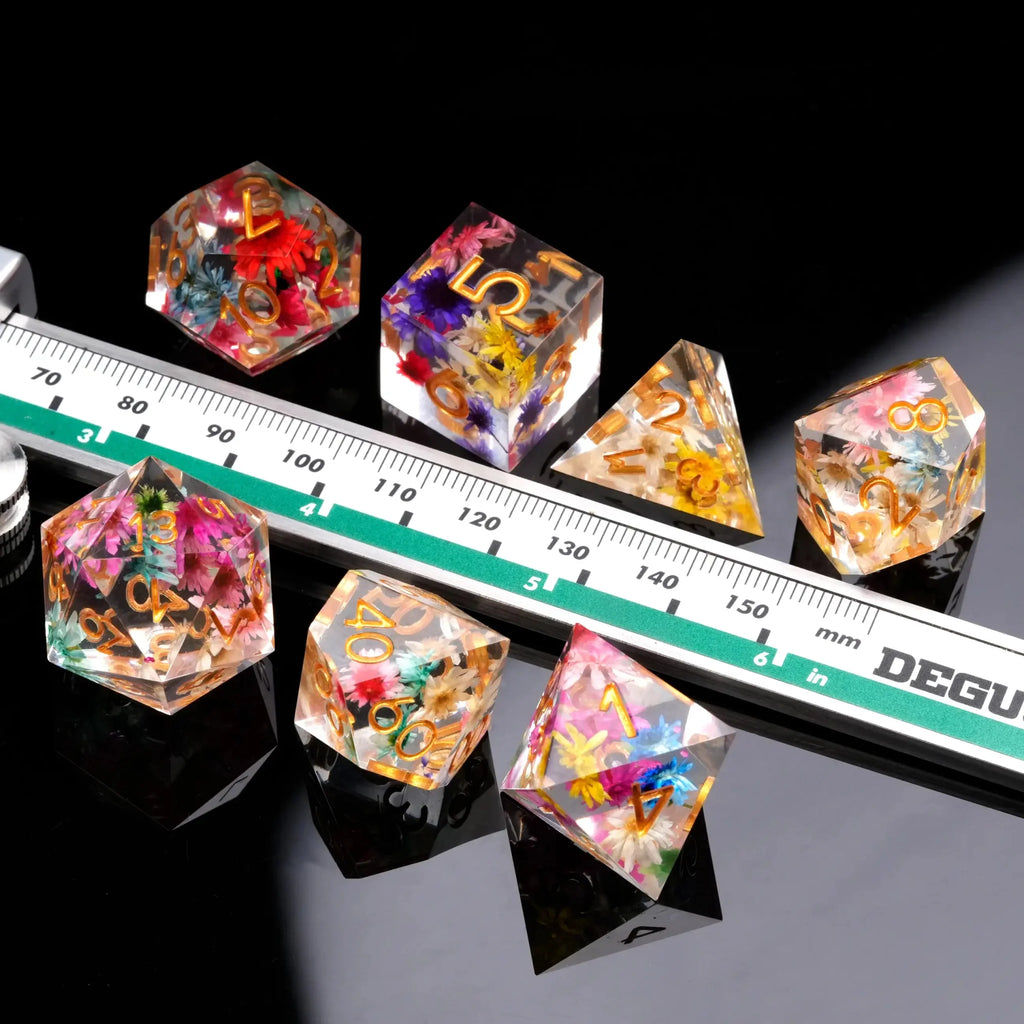 Transparent Resin Polyhedron DND Color Dried Flower Dice set + Gold Font