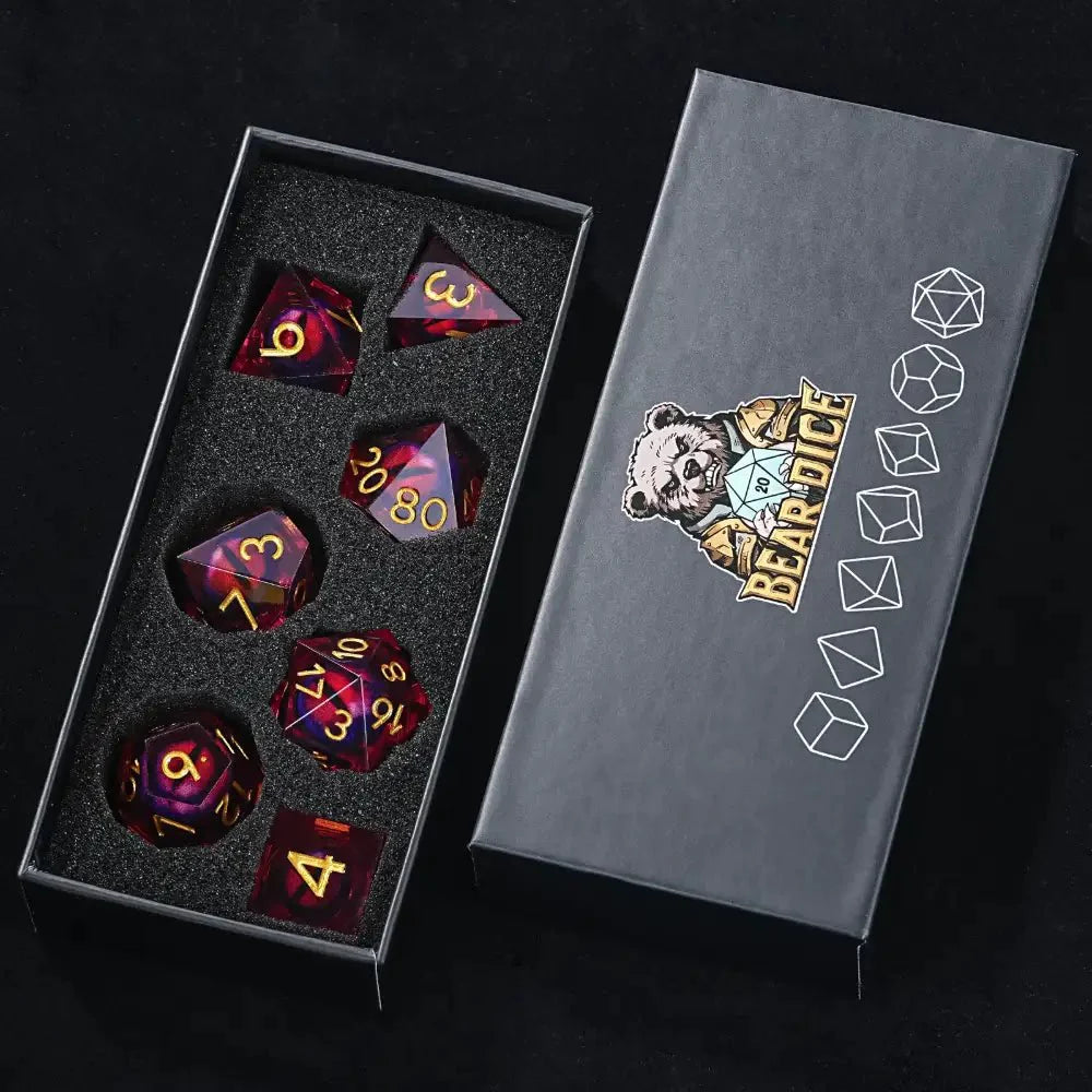 Purple transparent resin liquid core dragon eye DND dice set + Blue Font