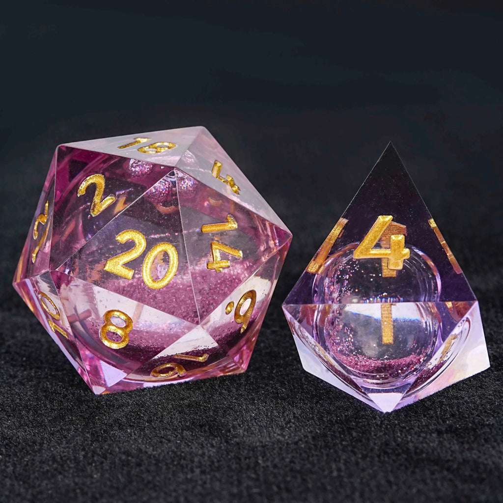 Sharp Edge Purple Quicksand Liquid Core Resin DND Dice Set + Gold Font