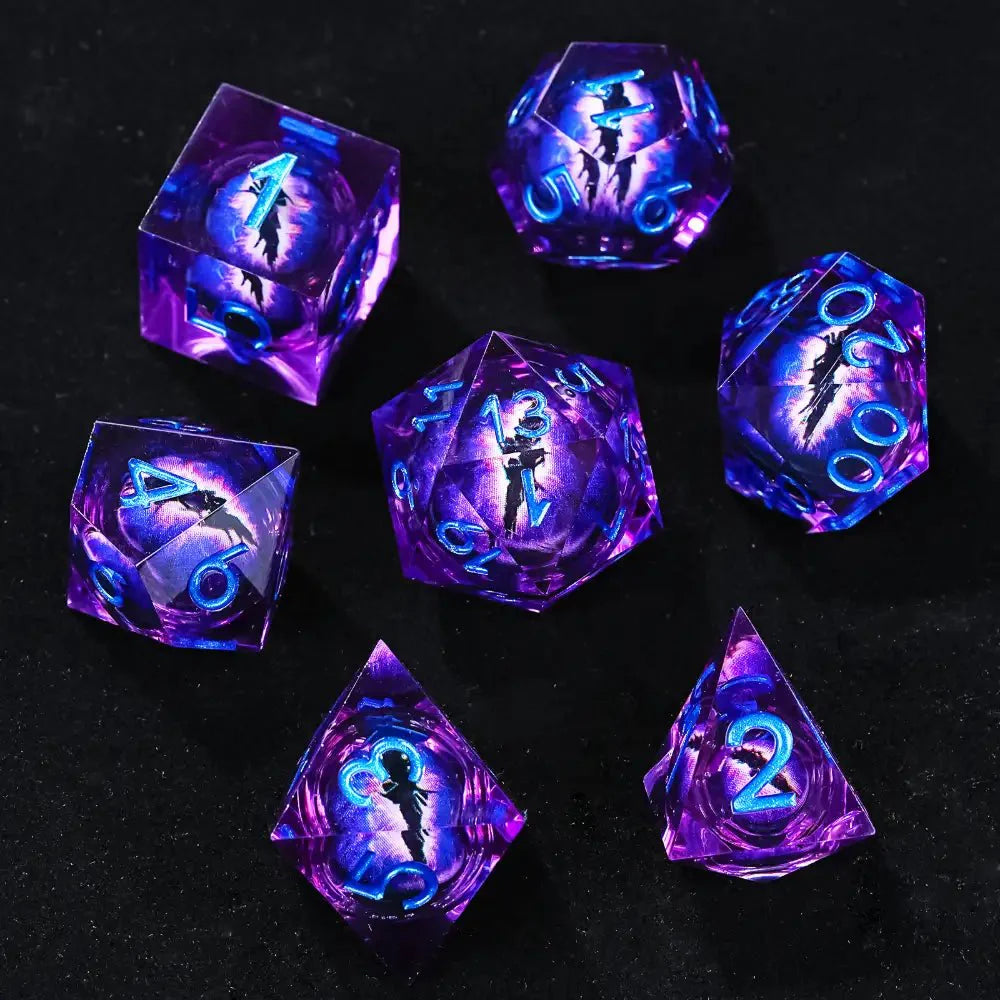 Purple transparent resin liquid core dragon eye DND dice set + Blue Font