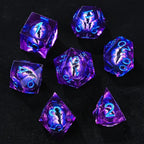 Purple transparent resin liquid core dragon eye DND dice set + Blue Font