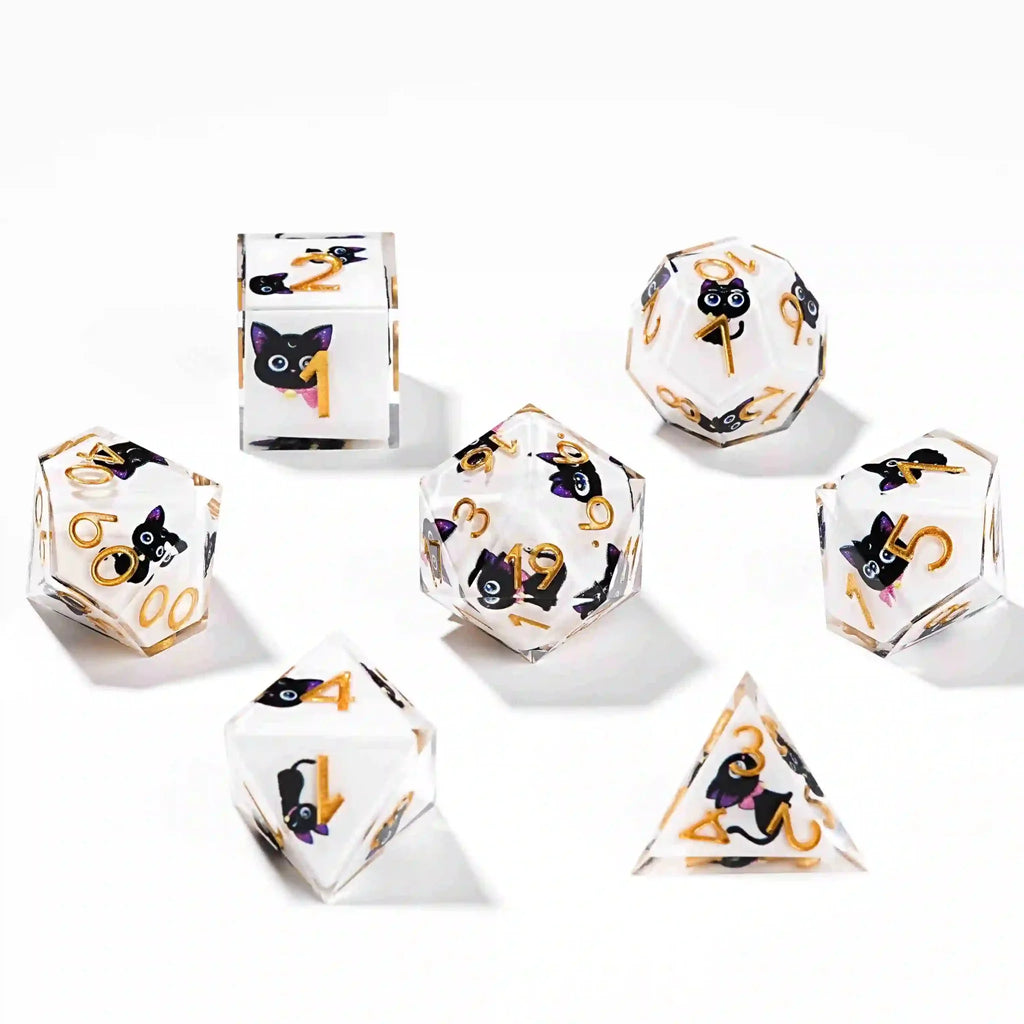 Black purple ears and big eyes cute cat resin DND dice set