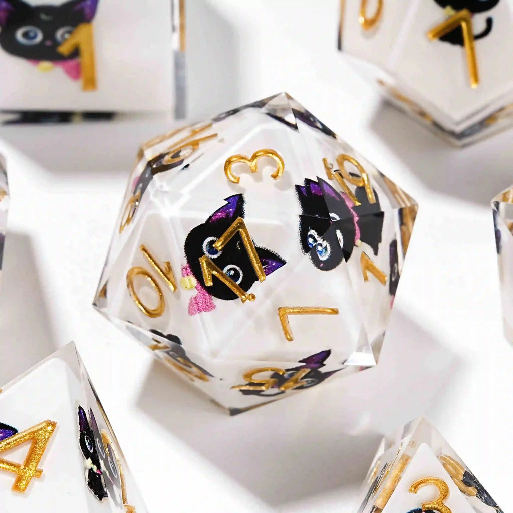 Black purple ears and big eyes cute cat resin DND dice set
