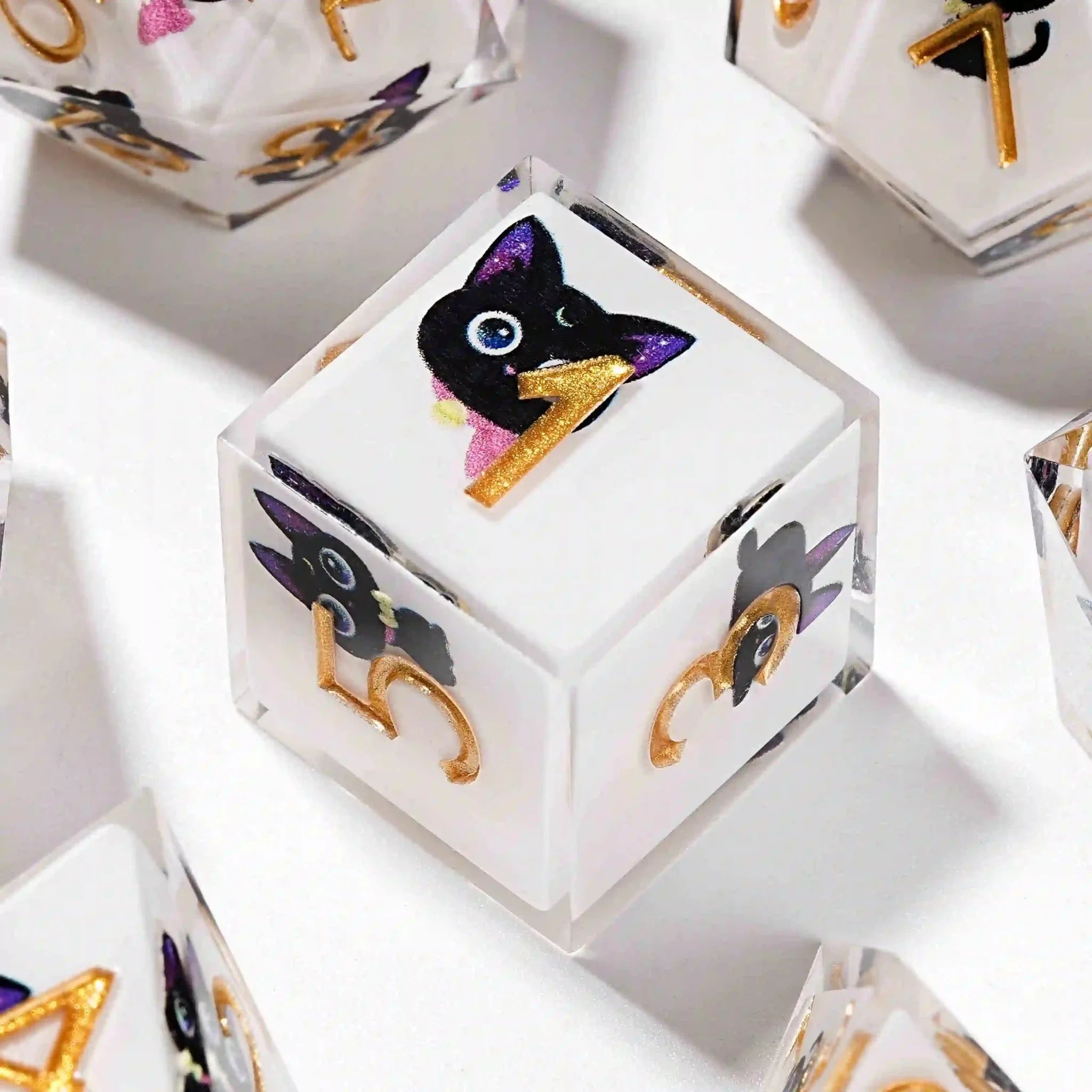 Black purple ears and big eyes cute cat resin DND dice set