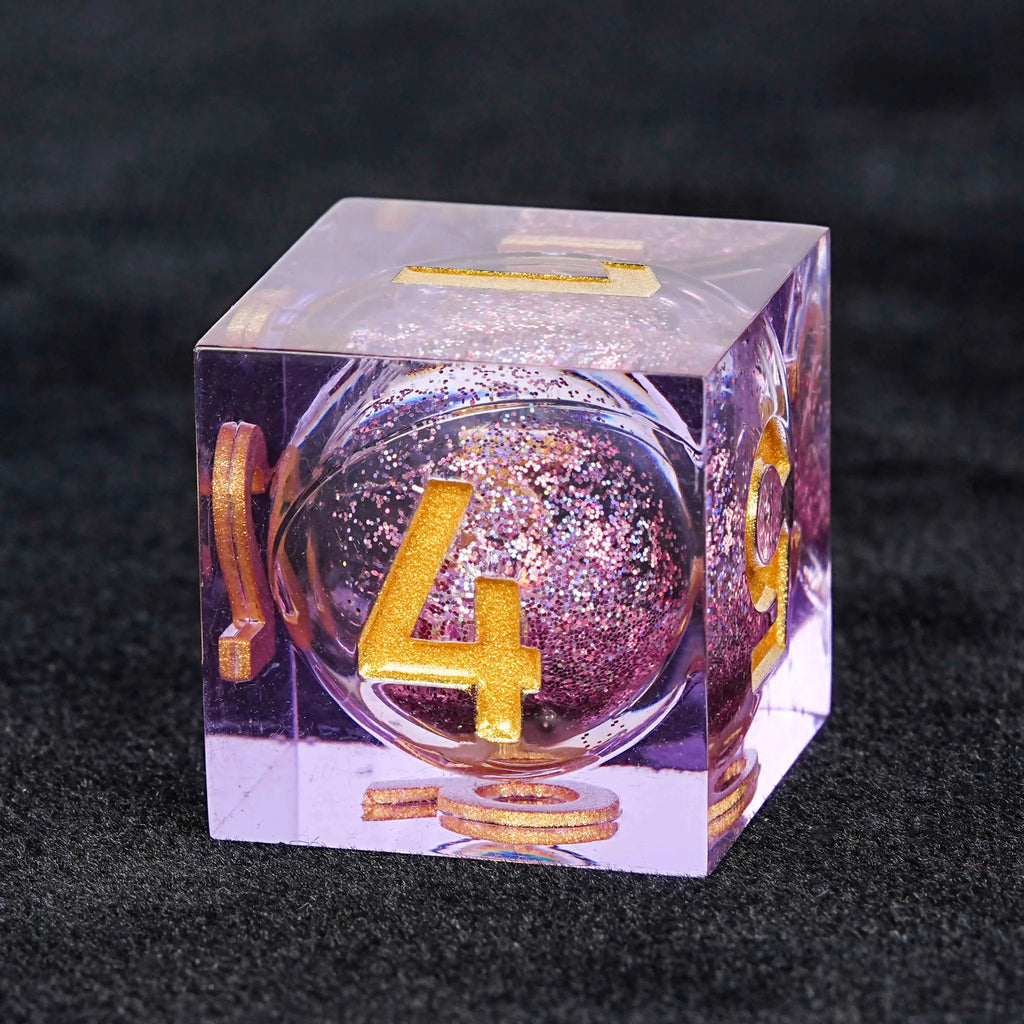Sharp Edge Purple Quicksand Liquid Core Resin DND Dice Set + Gold Font