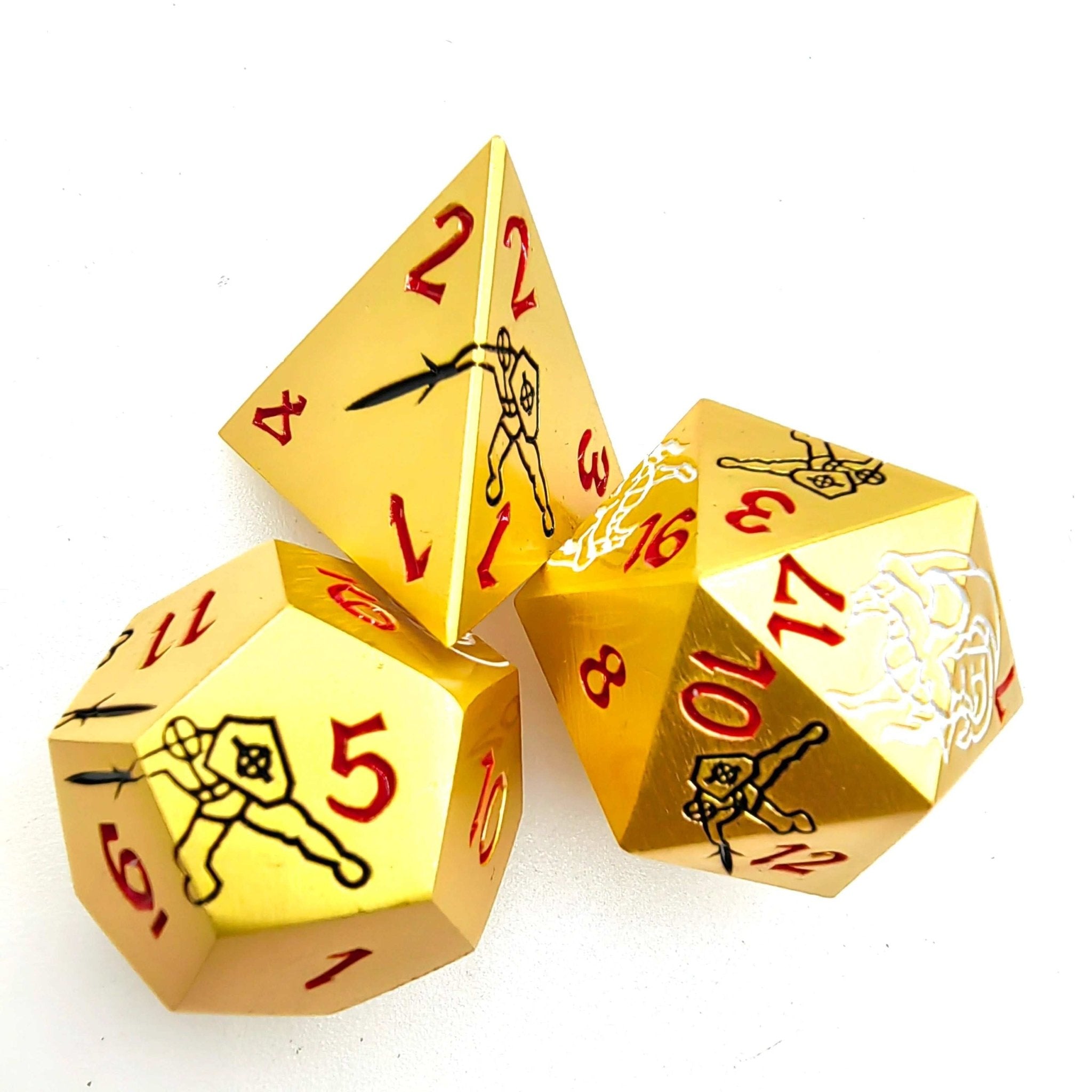 Silver Dragon and Black Warrior Gold Metal DND Dice Set + Red Numbers