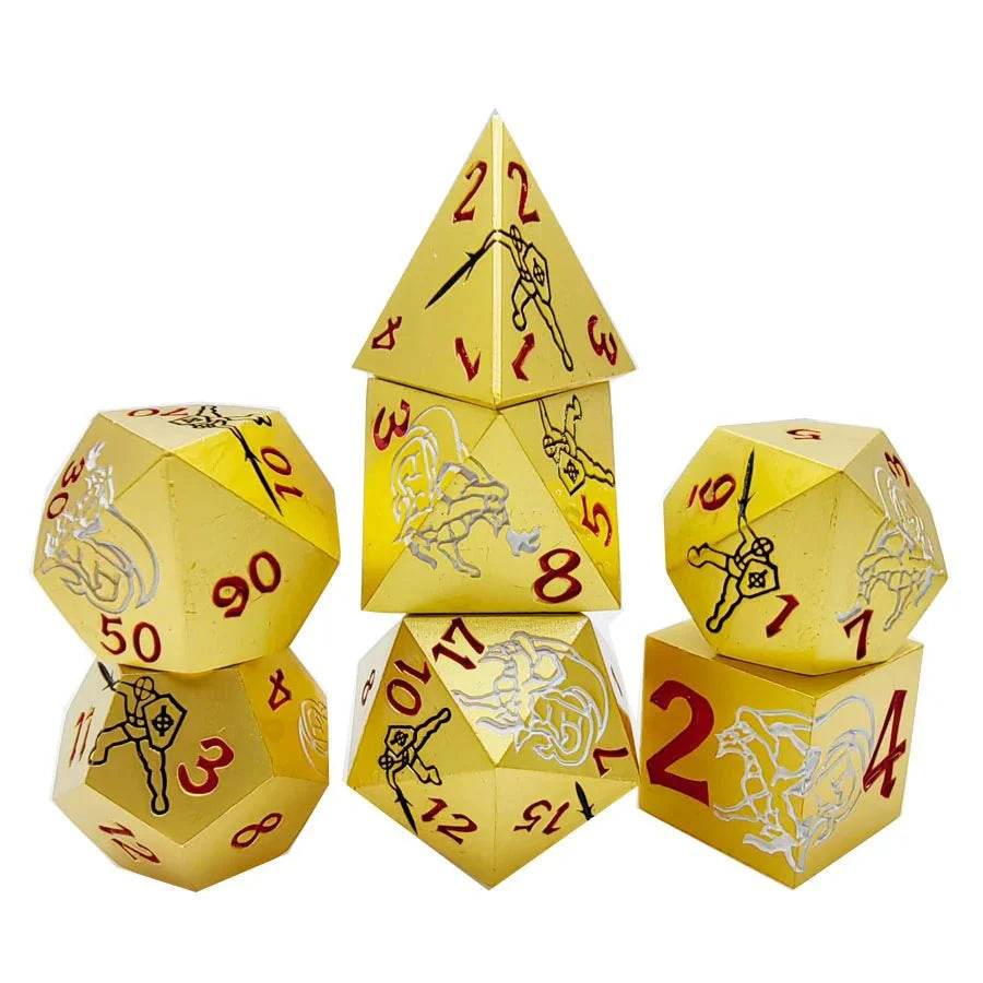 Silver Dragon and Black Warrior Gold Metal DND Dice Set + Red Numbers
