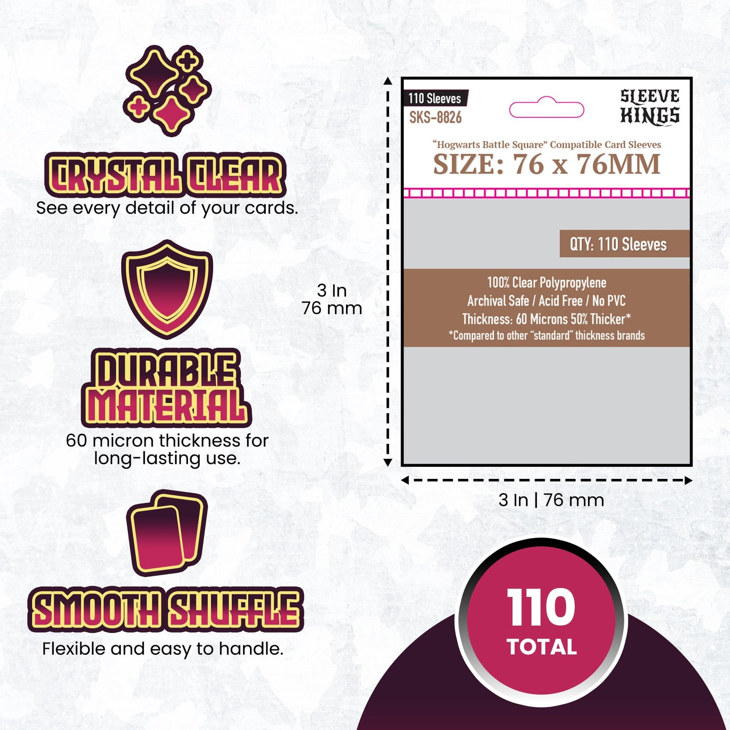 "Hogwarts Battle" Compatible Large Sleeves (76x76mm) 110 Pack, 60 Micron, SKS-8826