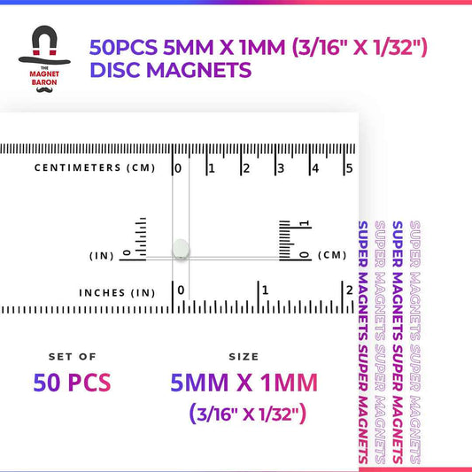 50pcs 5mm x 1mm (Approximately 3/16" x 1/32") Disc Magnets