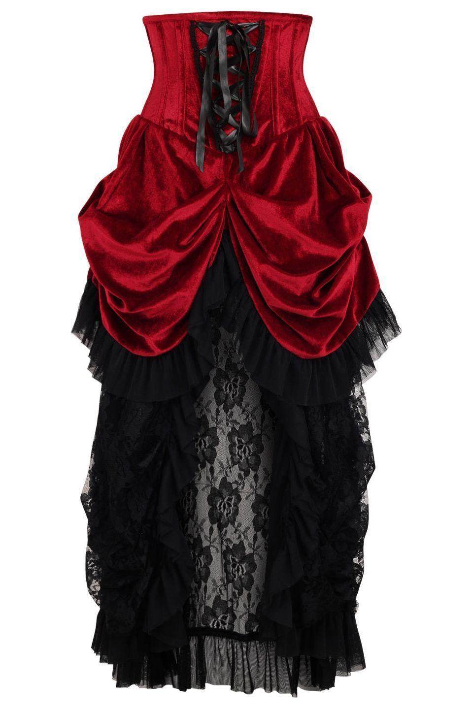 Top Drawer Steel Boned Dark Red Velvet Victorian Bustle Underbust Corset Dress - Small