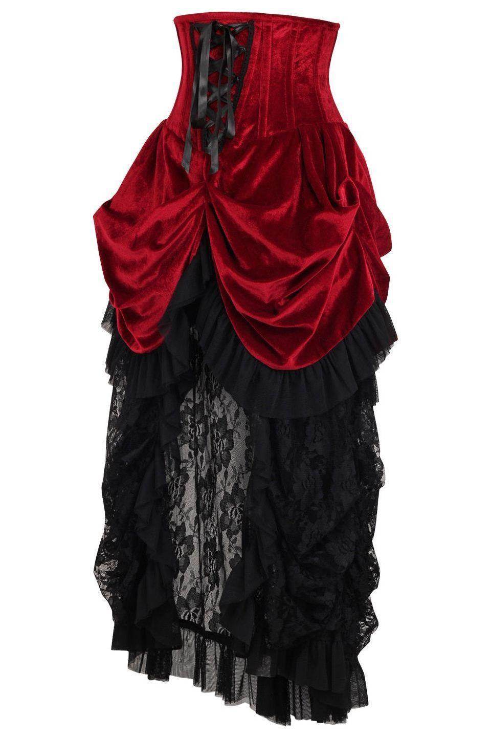Top Drawer Steel Boned Dark Red Velvet Victorian Bustle Underbust Corset Dress - Small