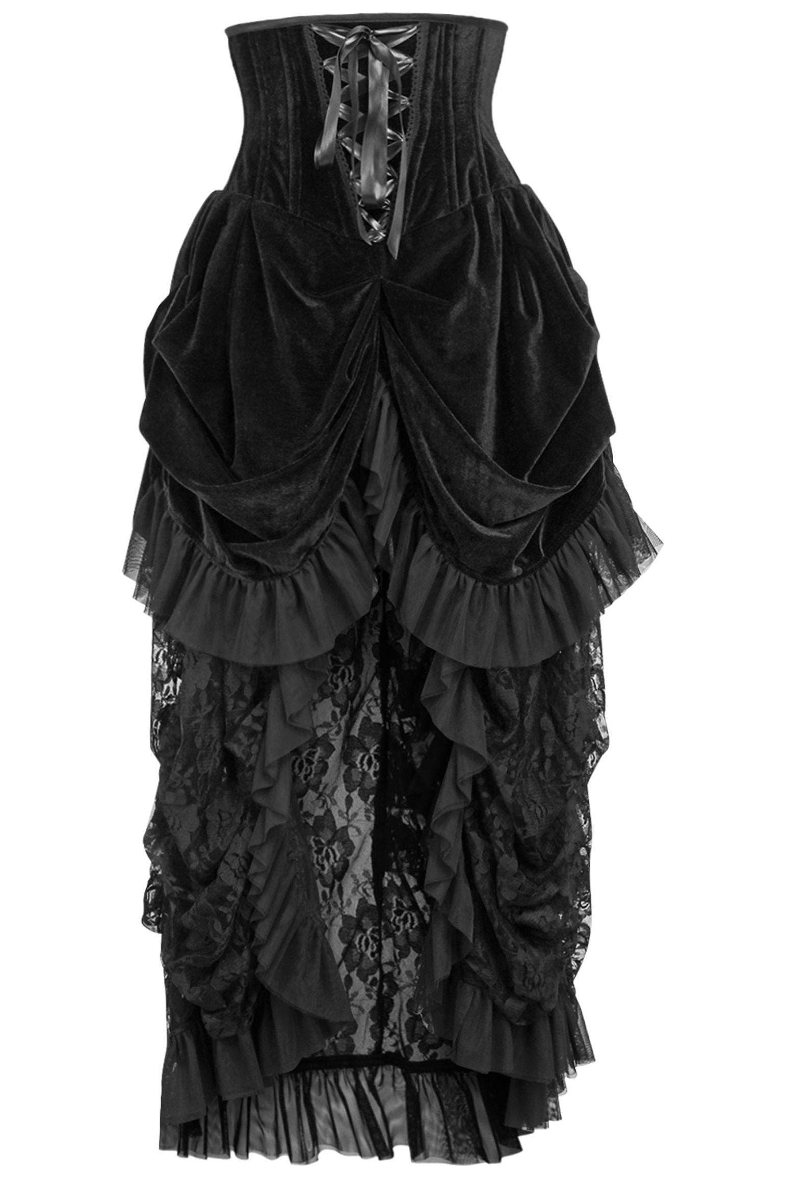 Top Drawer Steel Boned Black Velvet Victorian Bustle Underbust Corset Dress - Small