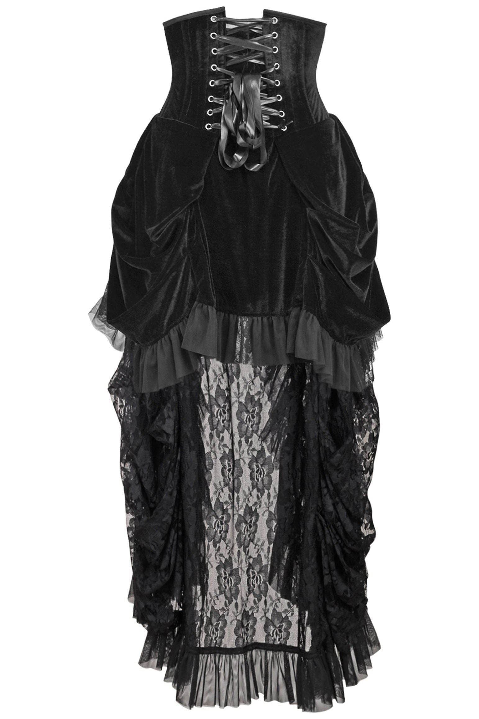 Top Drawer Steel Boned Black Velvet Victorian Bustle Underbust Corset Dress - Small