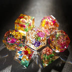 Transparent Resin Polyhedron DND Color Dried Flower Dice set + Gold Font